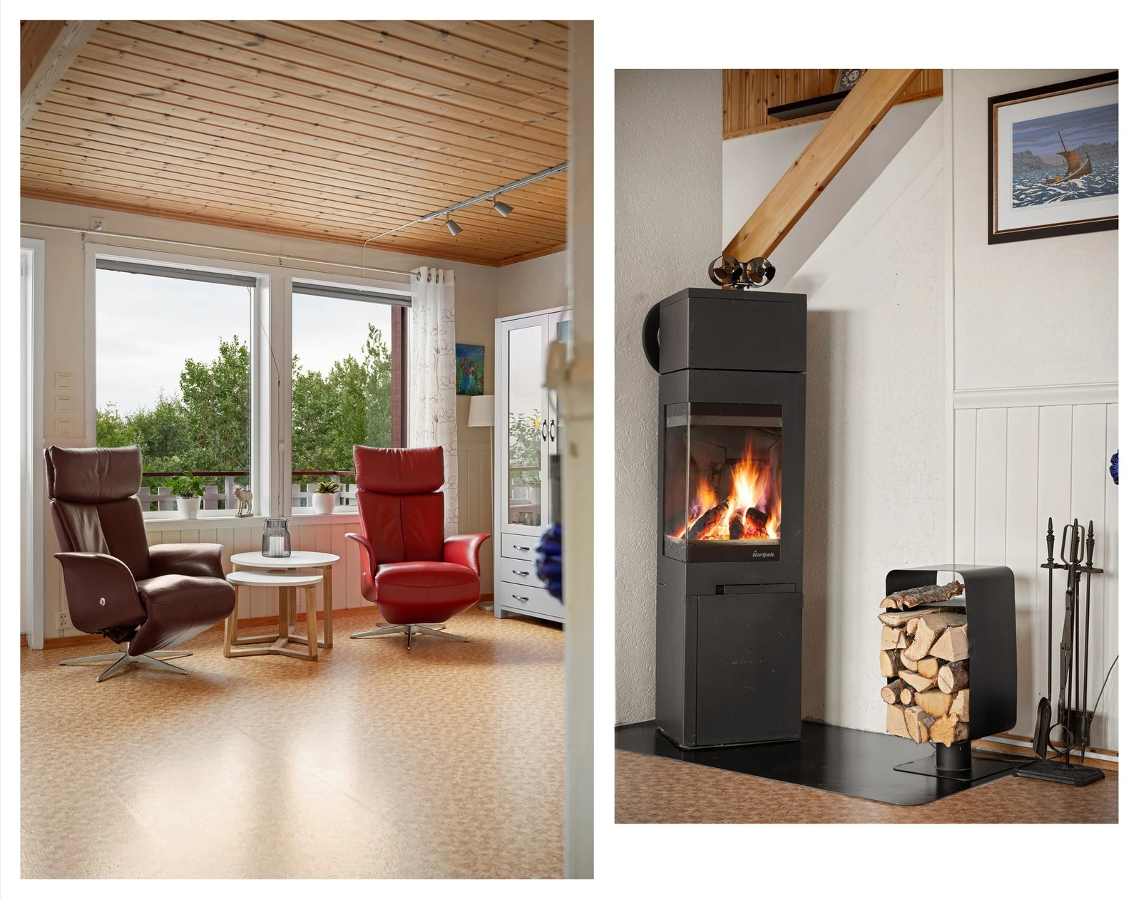 I tillegg til varmepumpe har boligen montert vedovn for lun og behagelig oppvarming på kaldere dager Galleribilde
