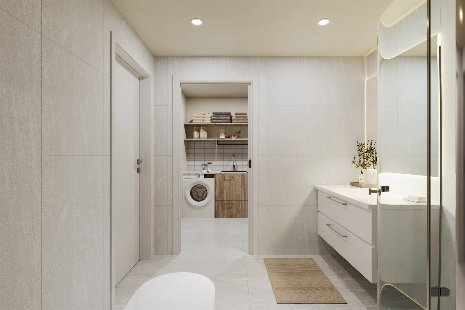 Moderne bad inngår i begge etasjer, separat vaskerom er tilknyttet sokkeletasjens bad. Galleribilde