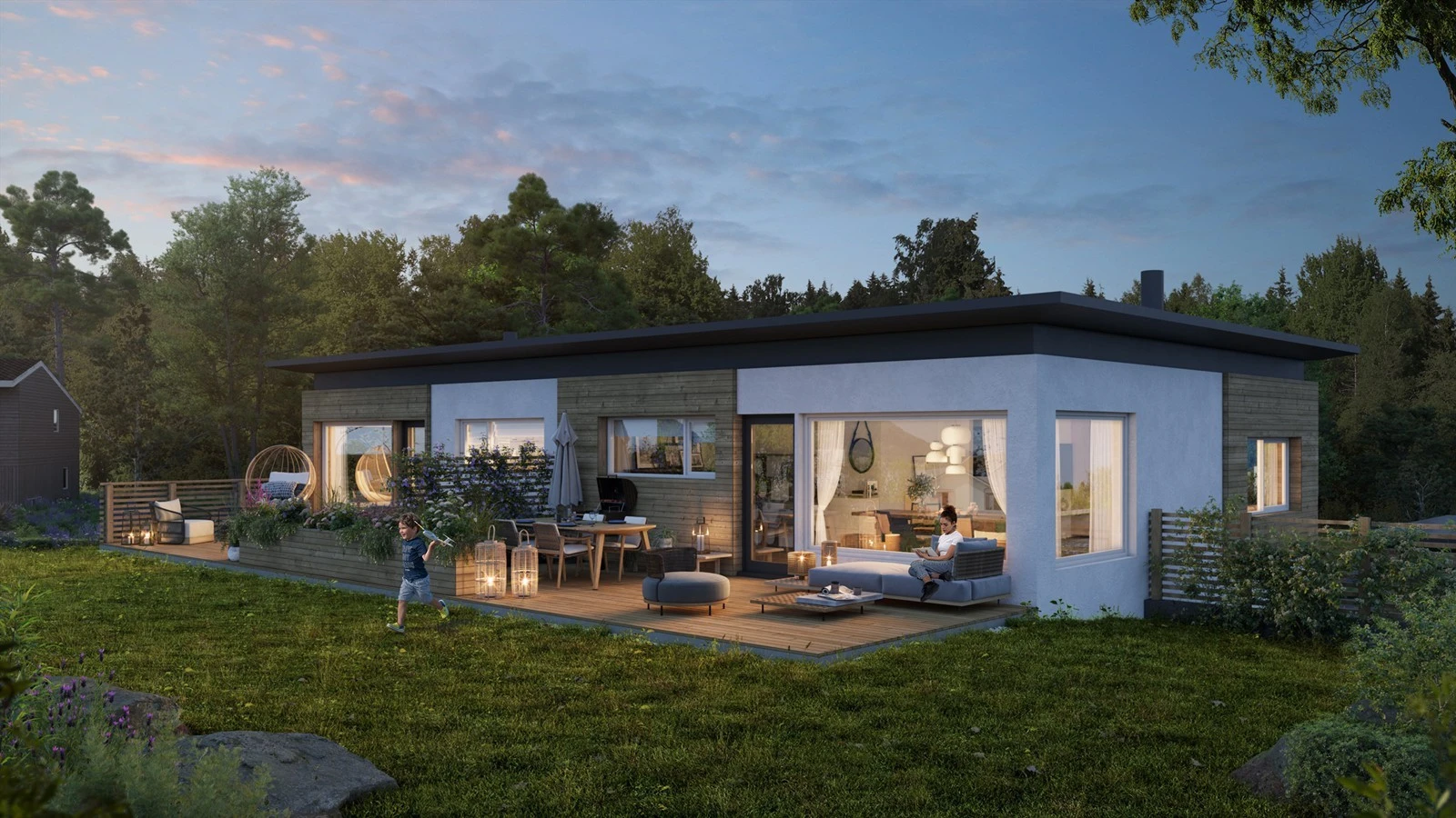 Tomannsboligen er tegnet i moderne funkis-inspirert arkitektur, med en praktisk og familievennlig romløsning som omfatter to etasjer. Galleribilde