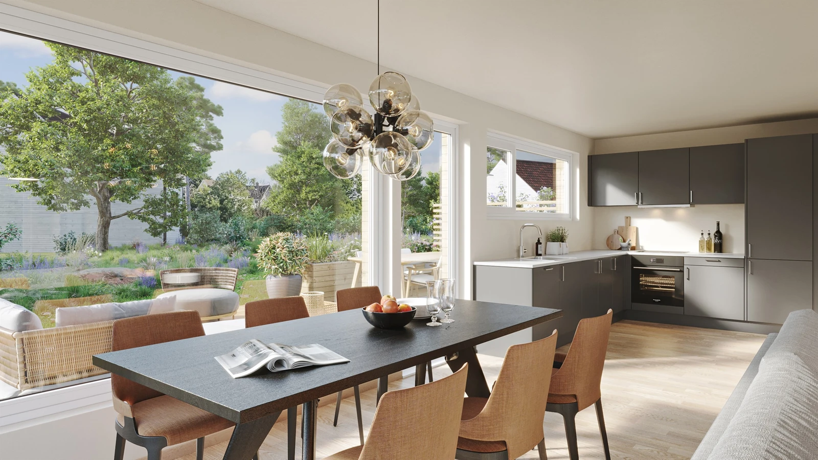 Store lysflater fyller både stuen og kjøkkenet med gode mengder naturlig lys dagen gjennom. Galleribilde