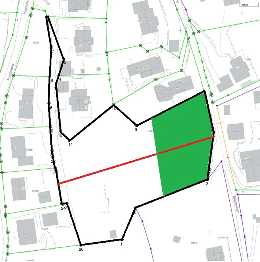 Sort = ca tomtegrense. Rød = ca delingsgrense. Grønn = ca LNRF-område. Kun illustrasjon, vil avvike fra faktiske forhold. Galleribilde