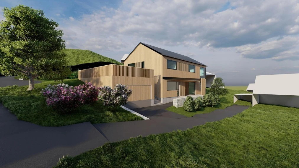 Forslag til bolig tegnet inn på tomten ifbm. reguleringsarbeidet. Galleribilde