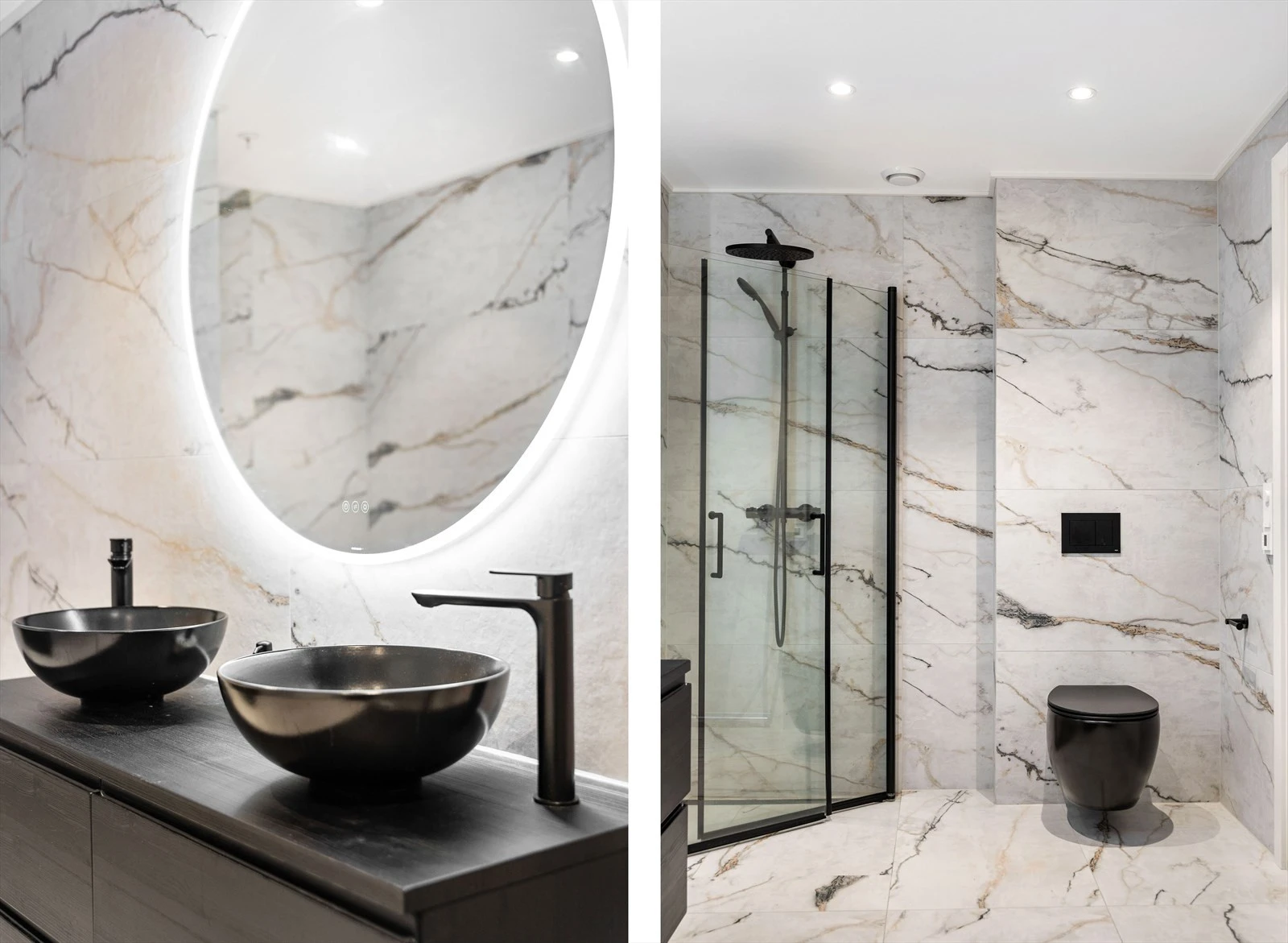 Badet er utstyrt med dobbel servant over skuffeinnredning, vegghengt toalett, badekar og dusjhjørne med innfellbare glassvegger Galleribilde