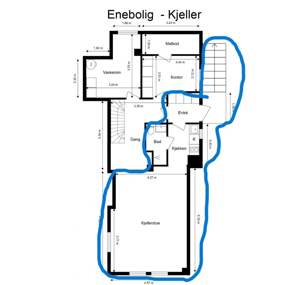 Planløsning. Hybel markert i blått Galleribilde