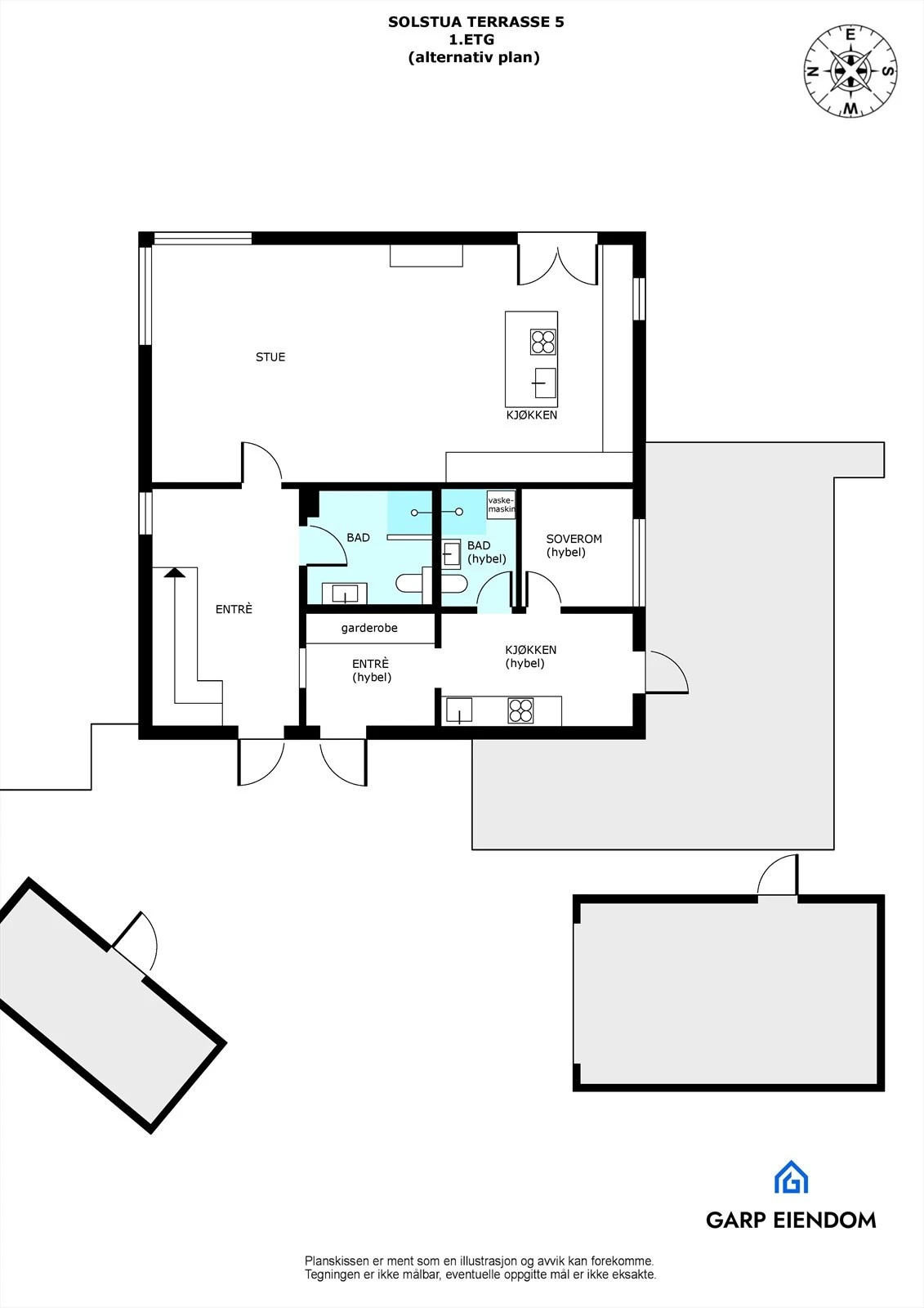 Alternativ planløsning 1. etasje med hybel for utleie. Estimert leieinntekt er kr. 13 000 - 15 000 per måned. Galleribilde