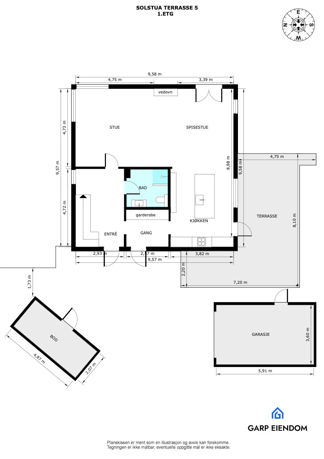 Målsatt plantegning 1. etasje, utvendig bod og garasje. Galleribilde