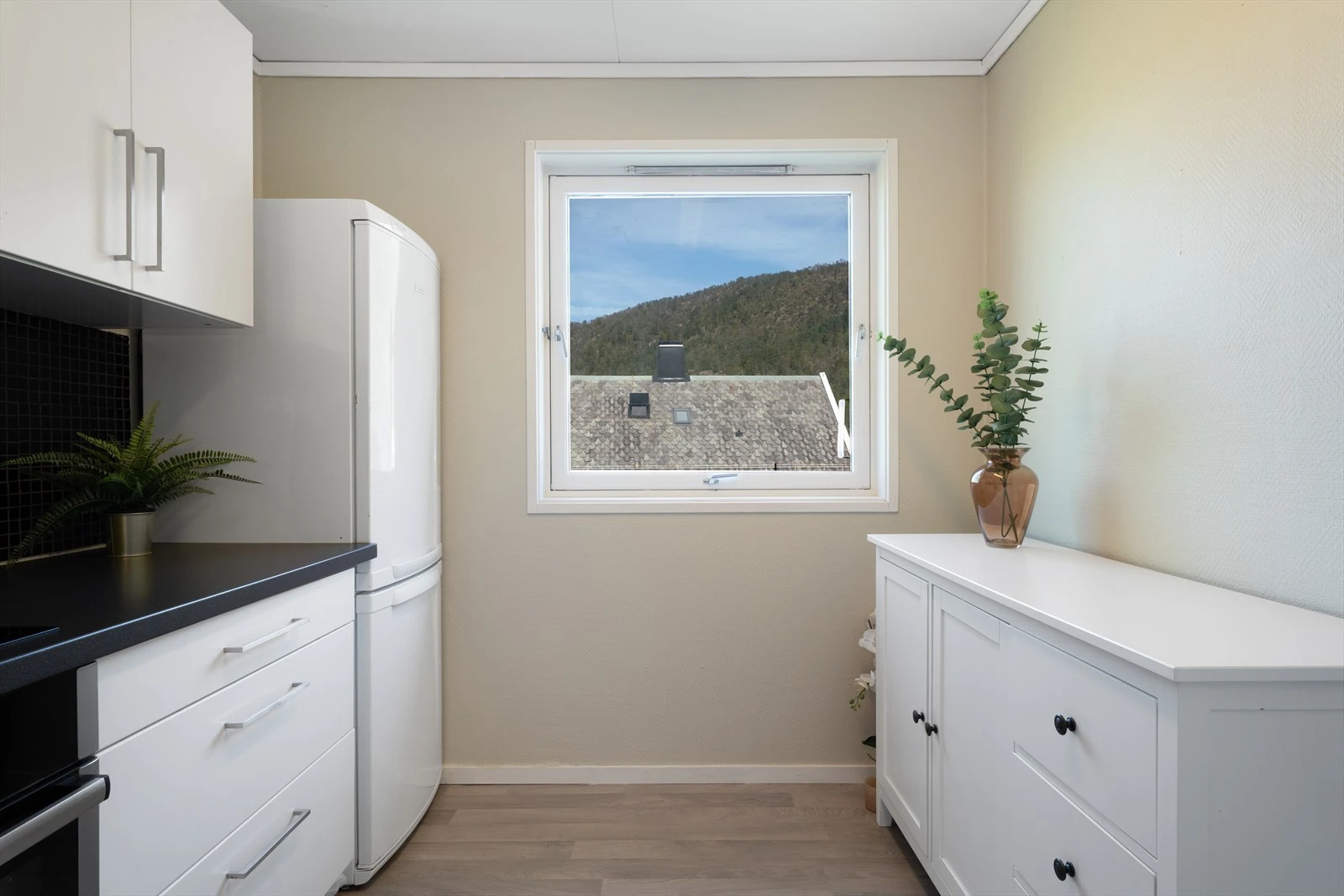 - Kjøkkenet har kjøkkeninnredning med slette fronter og benkeplate i laminat - Galleribilde