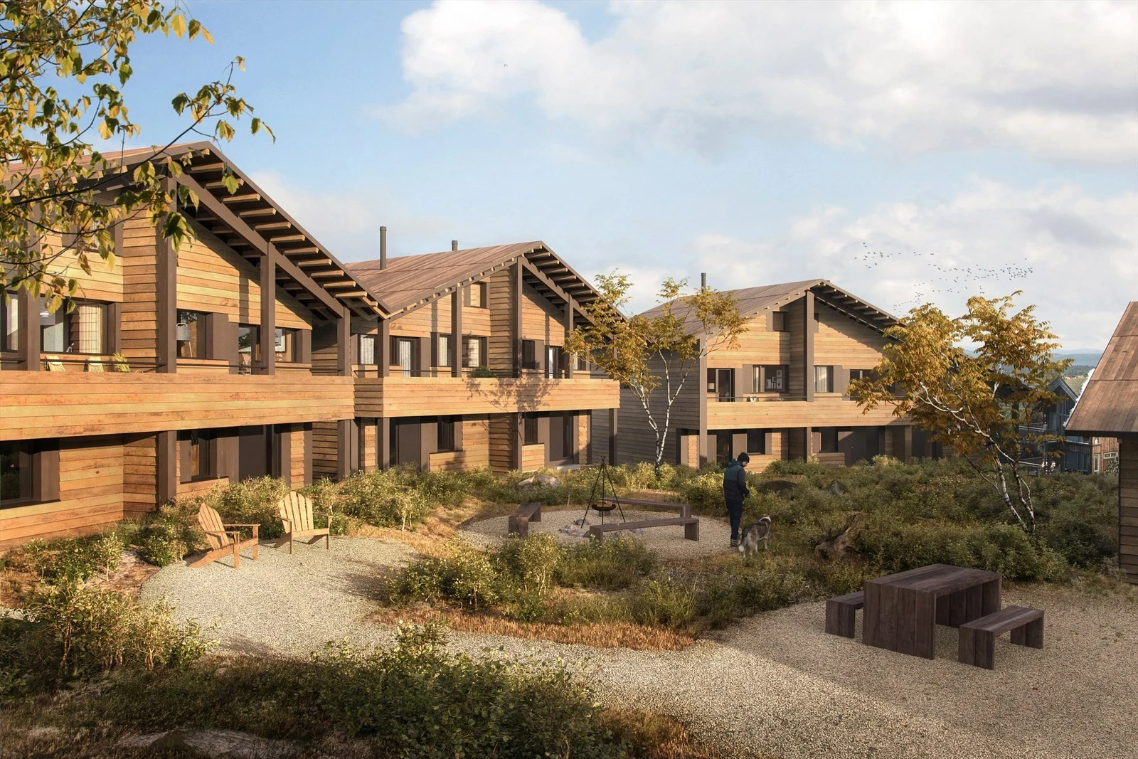 Hyttene og tunet, signert arkitekt Einar Jarmund og Co., har et tradisjonelt arkitektonisk uttrykk, gode planløsninger og fine uterom. (Illustrasjon) Galleribilde