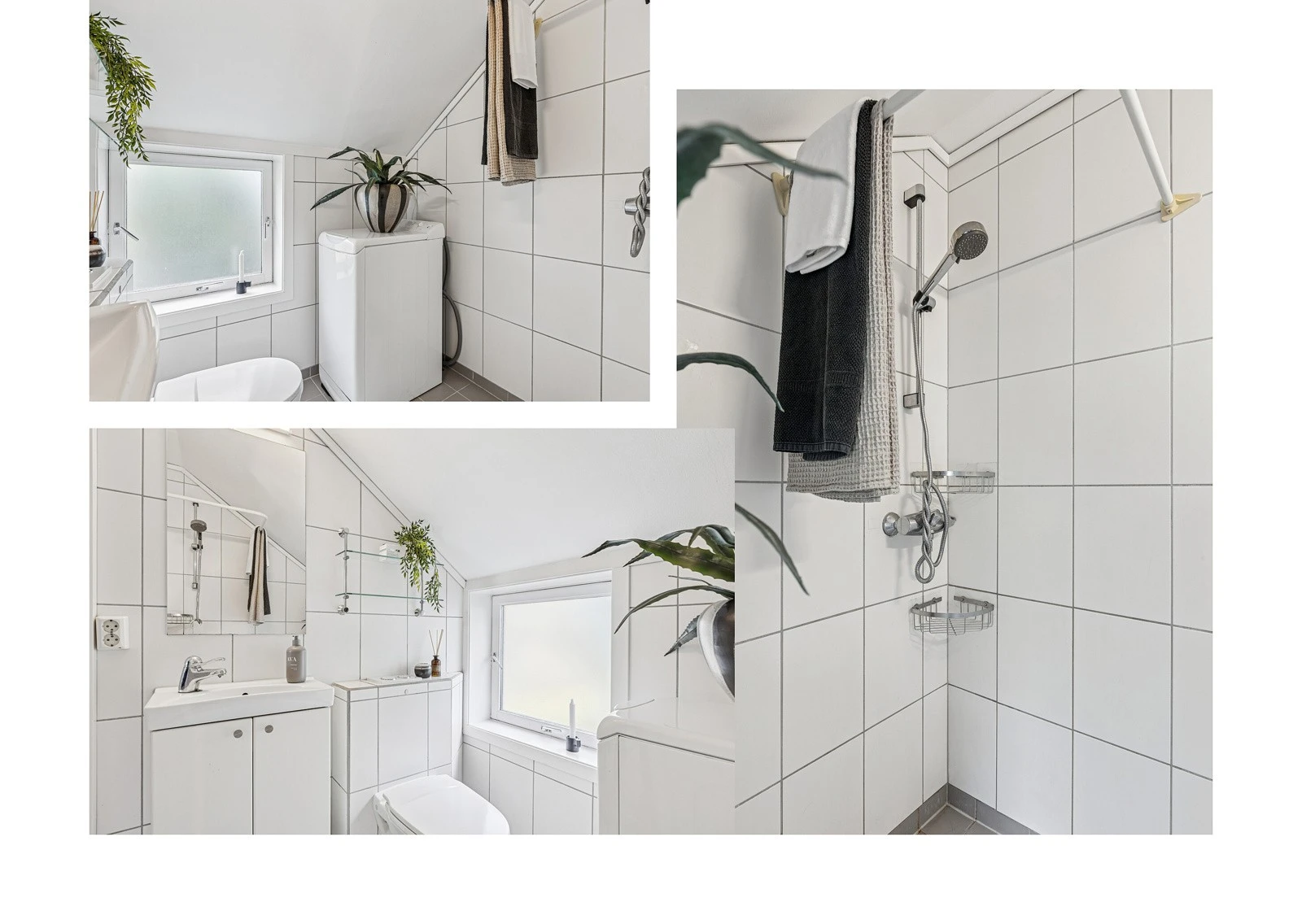 Badet er flislagt og det er varme i gulvet. Vaskemaskin medfølger i handelen. Galleribilde