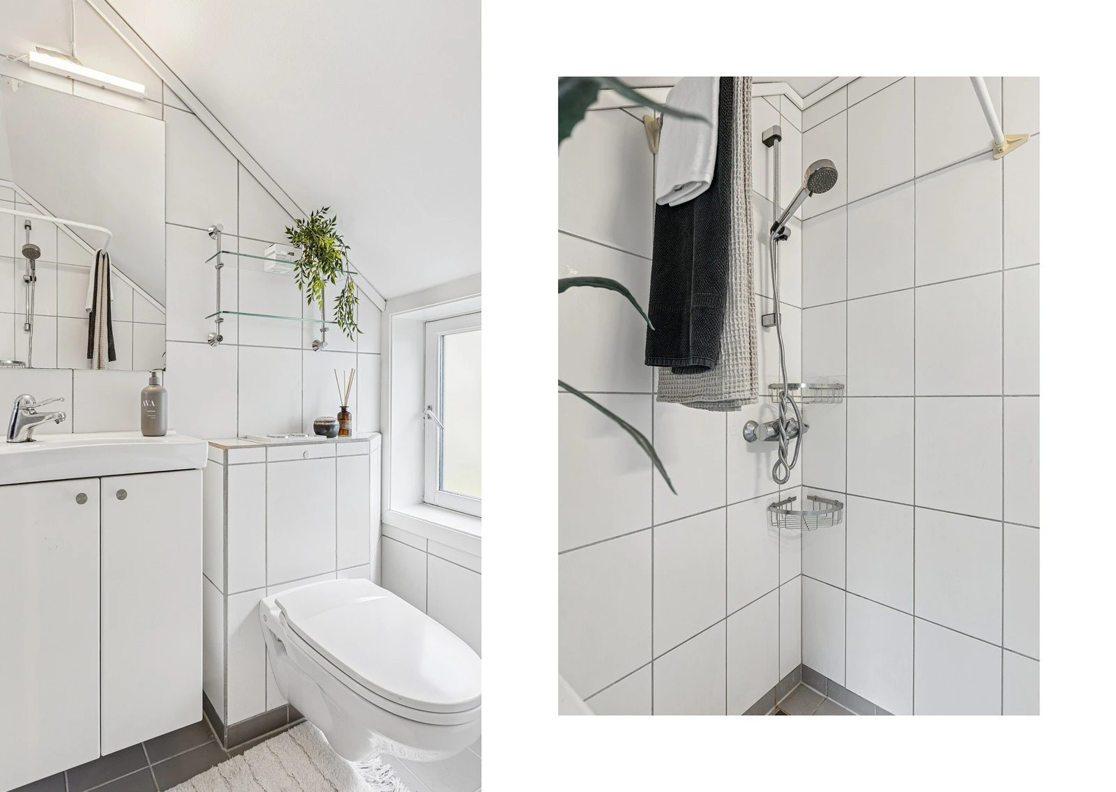 Badet i tidsnøytral utførelse er flislagt og det er varme i gulvet. Galleribilde