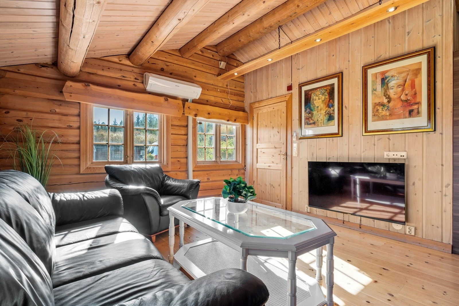 Med både vedovn og varmepumpe får man det lunt og godt i stuen. Galleribilde