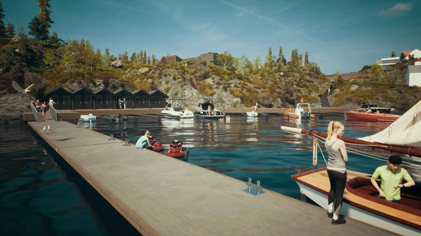 Illustrasjon av båthavn med brygger og sjøbu. Galleribilde