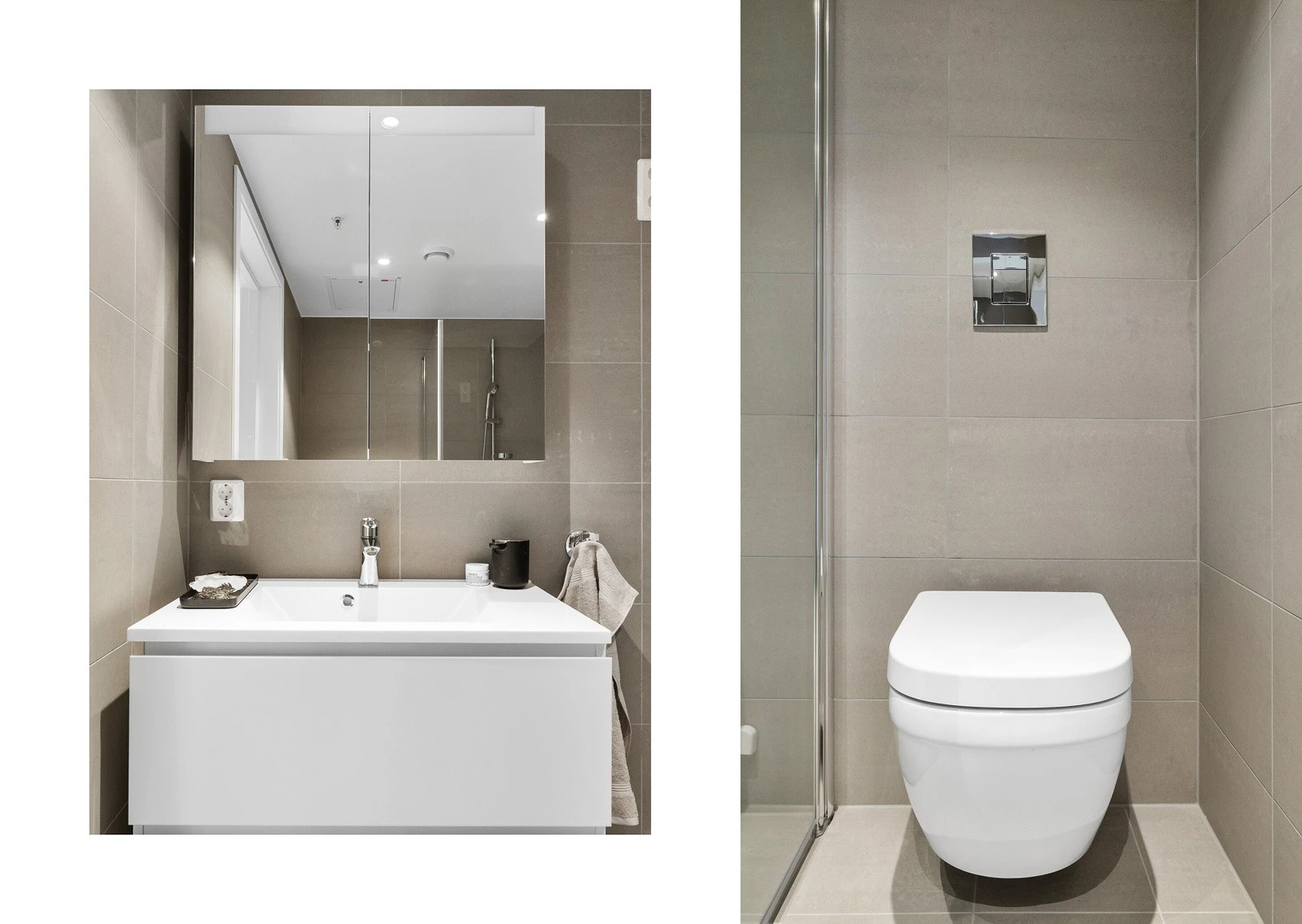 Hvit innredning med skuffer, speilskap og vegghengt toalett Galleribilde