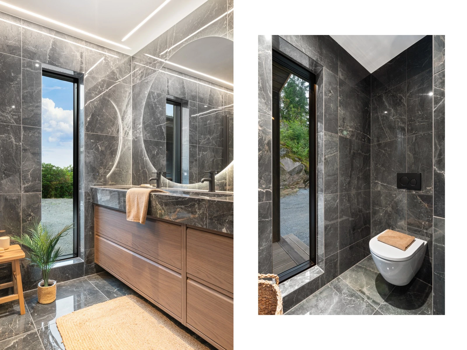 Badet er helfliset og er utstyrt med foldedører i dobbeldusj, veggtoalett og baderomsinnredning m servant samt belyst speil. Galleribilde