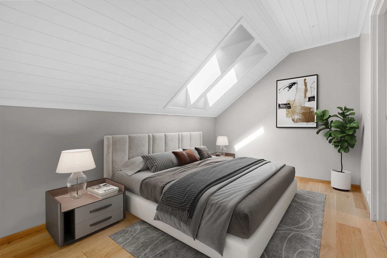 Illustrasjon av hvordan rommet kan innredes som soverom, her har du god plass til dobbeltseng og tilhørende møblement Galleribilde