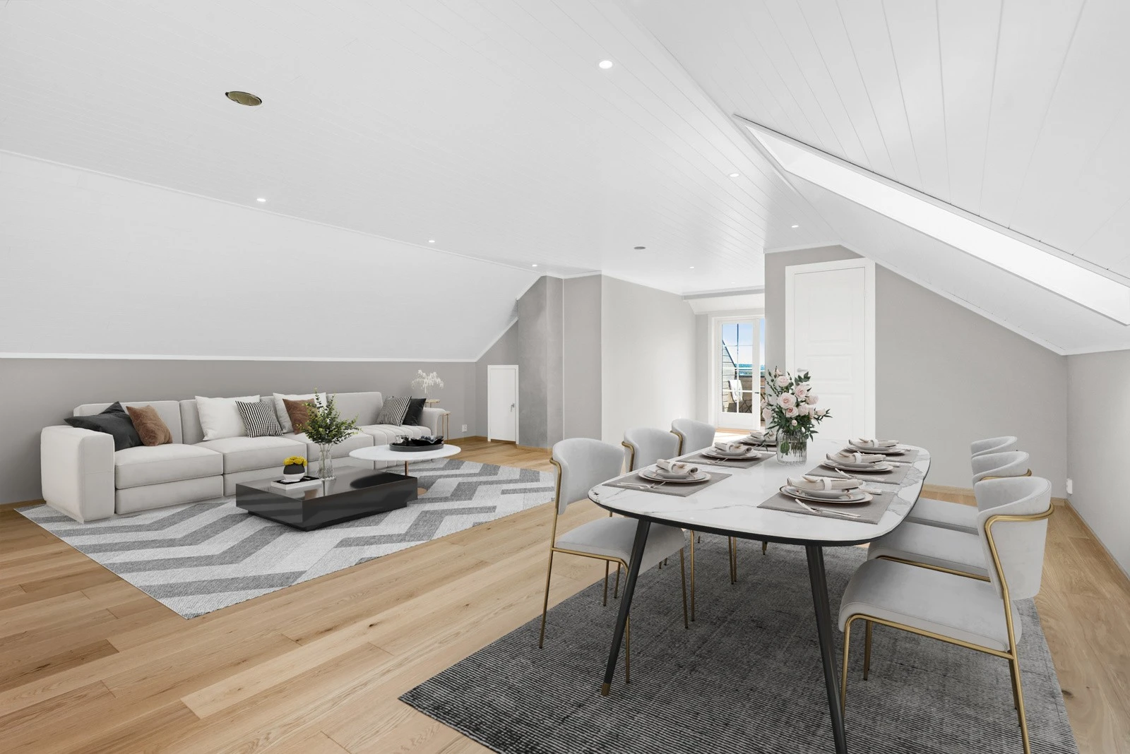 Illustrasjon av allrommet innredet som en ekstra stue og spisestue Galleribilde