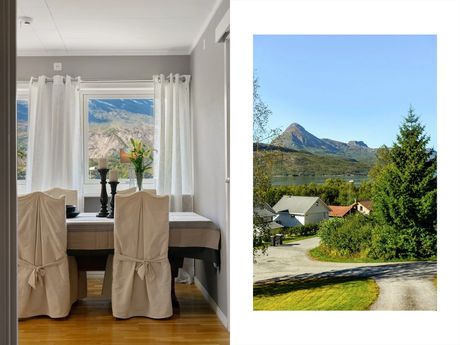 Her får du en smak av hvor vakkert landskapet rundt er - fra spisebordet kan du nyte panoramautsikt over fjell og fjord Galleribilde