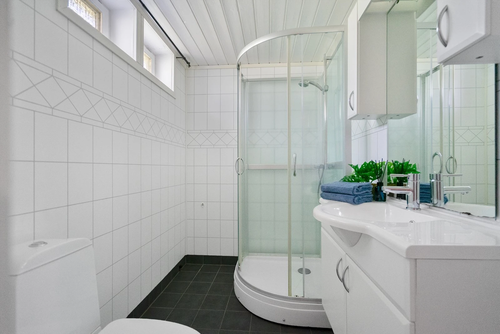 Badet i 1.etasje er utstyrt med baderomsinnredning, oppbevarings skap- og skuffer, toalett og dusj Galleribilde