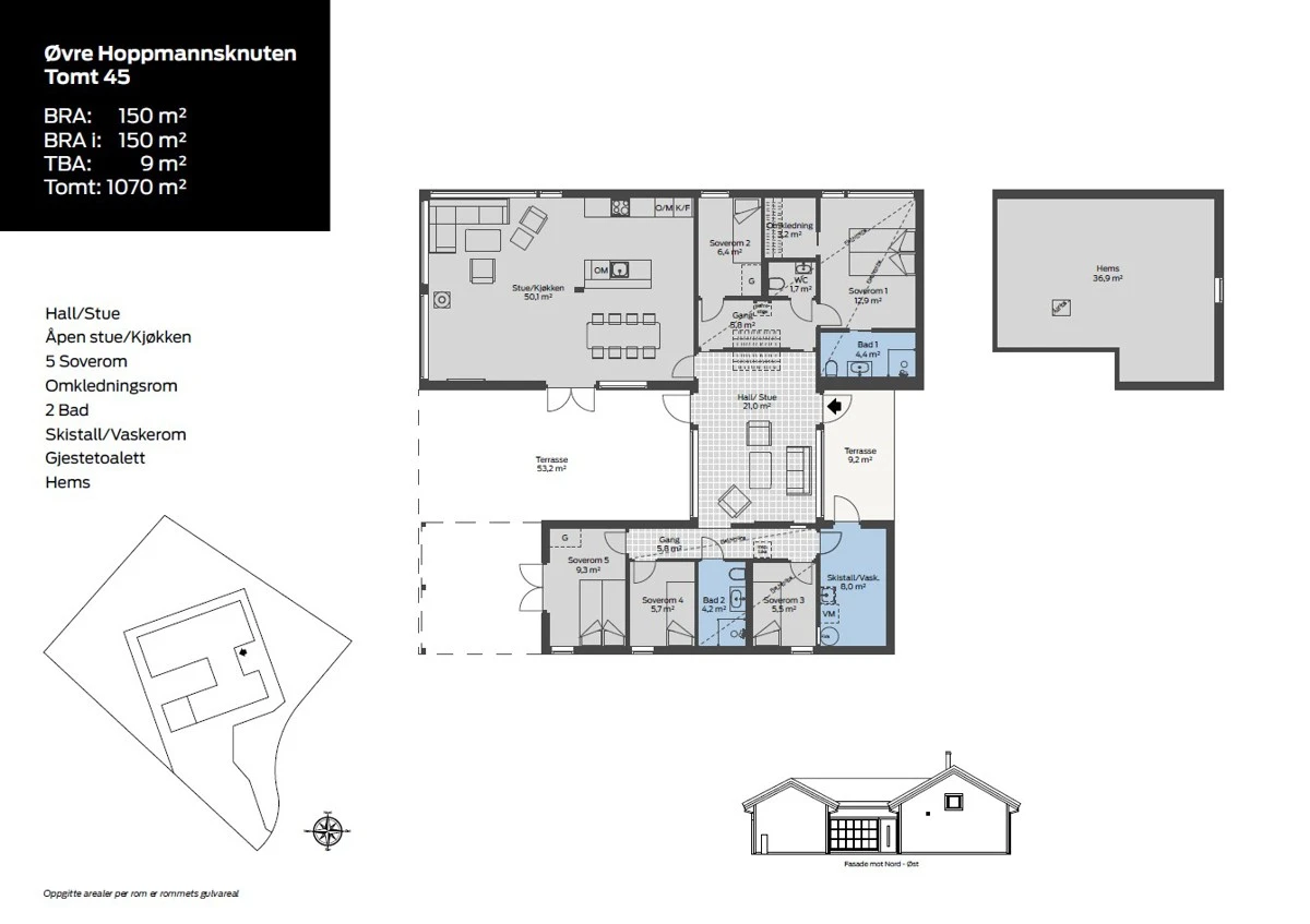 Plantegning tomt 45. Innholdsrik hytte med alt på ett plan. Eget hovedsoverom med privat bad og walk-in. Galleribilde