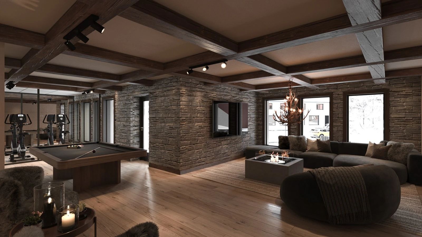 Som beboer i Svarthetta får du tilgang til hyggelige fellesarealer med treningsrom, lounge og spill. Perfekt for sosiale møter etter dagen på fjellet. (Illustrasjon kan avvike fra faktiske forhold) Galleribilde