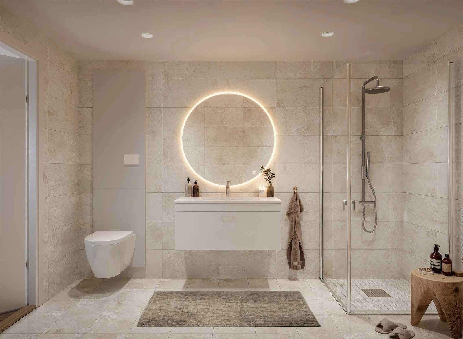 Et godt baderom handler vel så mye om velvære som om kroppspleie. Badene har italienske porcellanato flis på gulvet og vegger av typen La Fenice i fargen Bianco. Det kan velges blant et utvalg andre farger/typer på fliser fra serien, uten ekstra kostand. Galleribilde