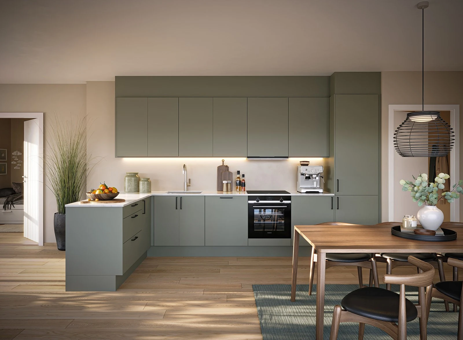 Kjøkkenet er en stilren modell med slette fronter, rene linjer og tidsløs design. Det er gode muligheter for å gjøre egne tilpasninger for å skape ditt drømmekjøkken gjennom tilvalgsprosessen. Her er kjøkkenet i fargen Furu. Galleribilde