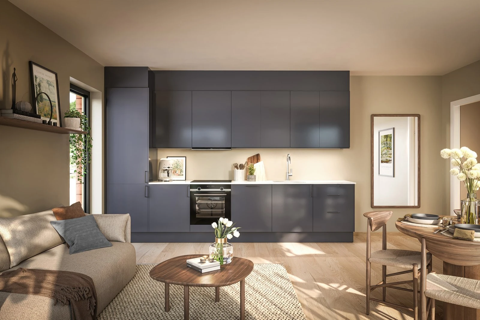 Det kan velges blant 14 andre "Palett" farger på kjøkkenfronter fra Sigdal, samt en rekke andre laminatoverflater i ulike farger og design på benkeplaten, helt uten ekstra kostnad. Illustrasjonen viser kjøkkenet i blå. Galleribilde