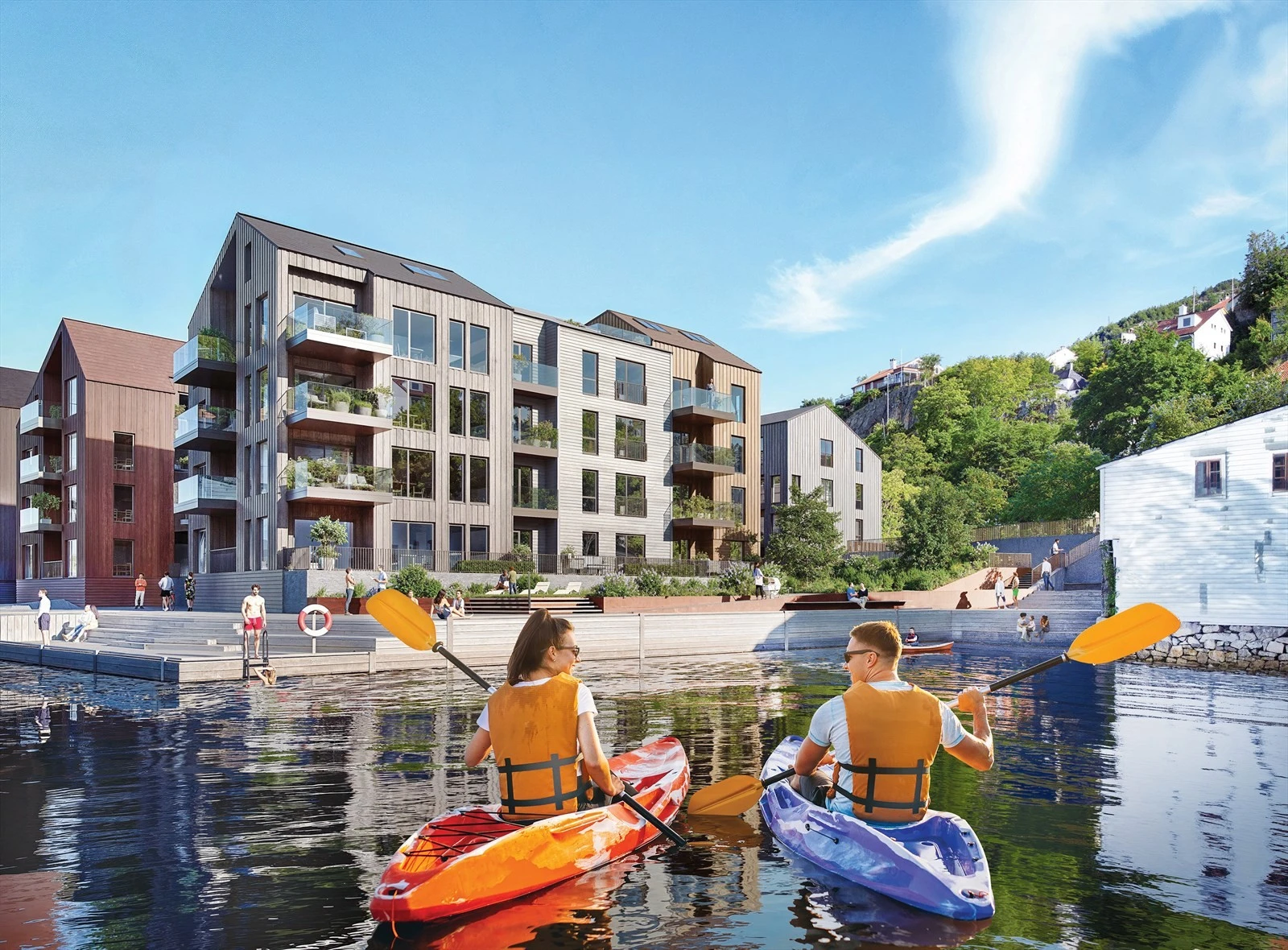 Hva er vel bedre enn å starte dagen med tur i kajakk på Byfjorden mens solen står opp, eller en kveldstur i solnedgangen innover Puddefjorden?
Bor du i Sjøbodene får du tilgang til en kajakkbod og egne kajakker som vil eies av sameiet. Galleribilde