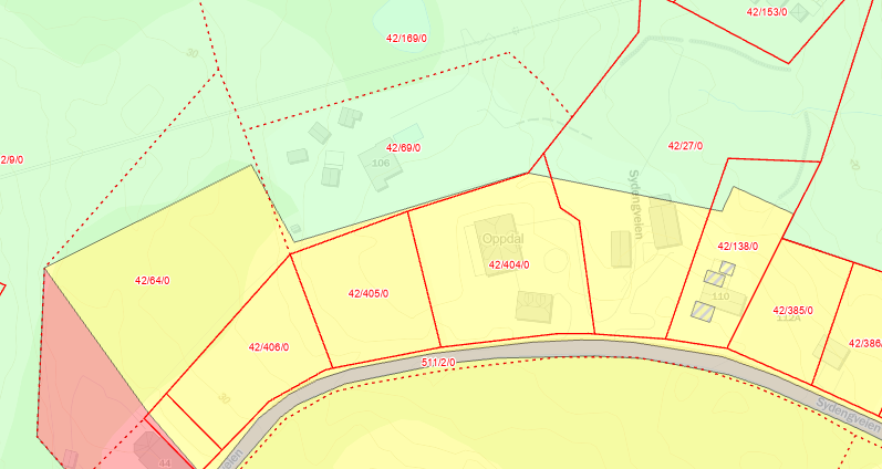 Merk at eiendommen (42/27) er delvis avsatt til LNF (Grønn avmerking). Ny bolig må oppføres innenfor gult område på eiendommen. Galleribilde