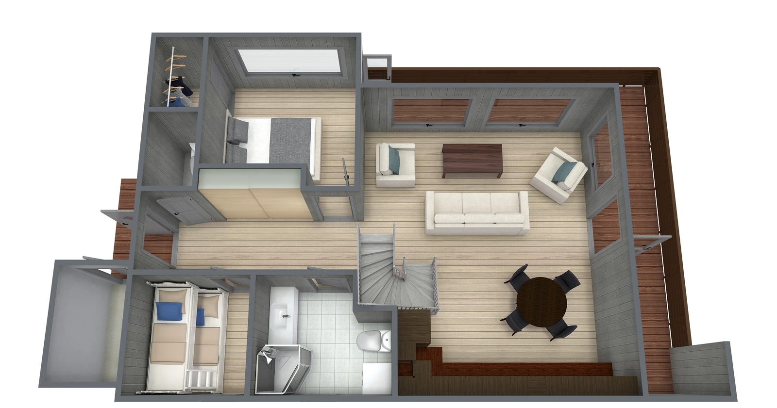 Praktisk planløsning Stue og hovedsoverom med panoramautsikt.
Egen gapahuk på terrassen. Galleribilde