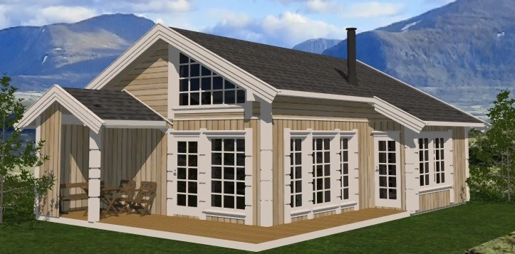 Hytta kan også leveres i mørkere farger. Dette er kun illustrasjon. Kan også leveres mer moderne med glatte stolper og uten ruter på vinduene. Galleribilde