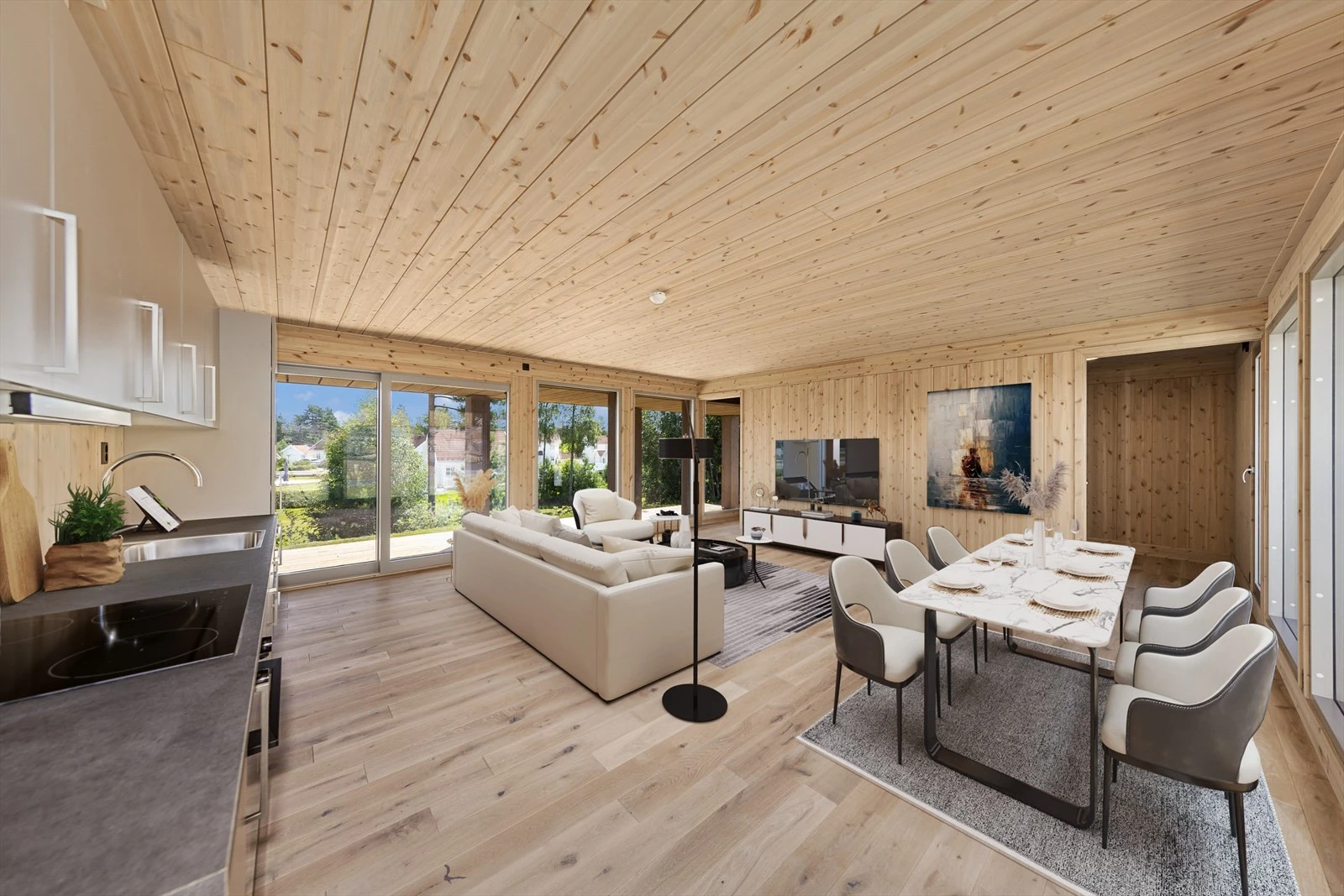 Her har du en praktisk planløsning med et romslig allrom (åpen kjøkken- og stueløsning) i midten og soverom samt bad og boder fordelt på hver side av hytta. (Bilder inneholder digital styling) Galleribilde