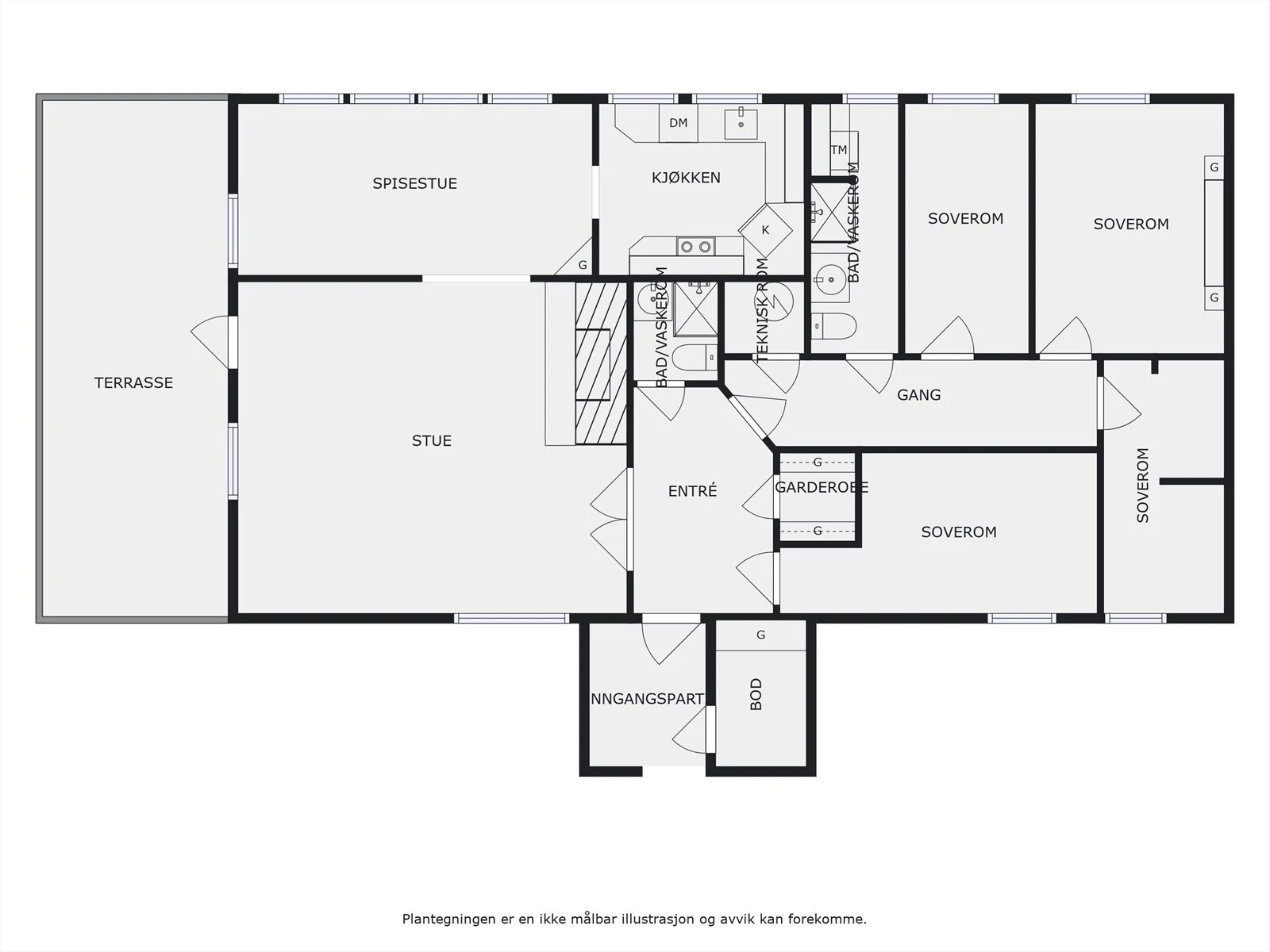 Hytta har en praktisk planløsning på én flate med bla. 2 stuer, 4 soverom og 2 bad. Galleribilde