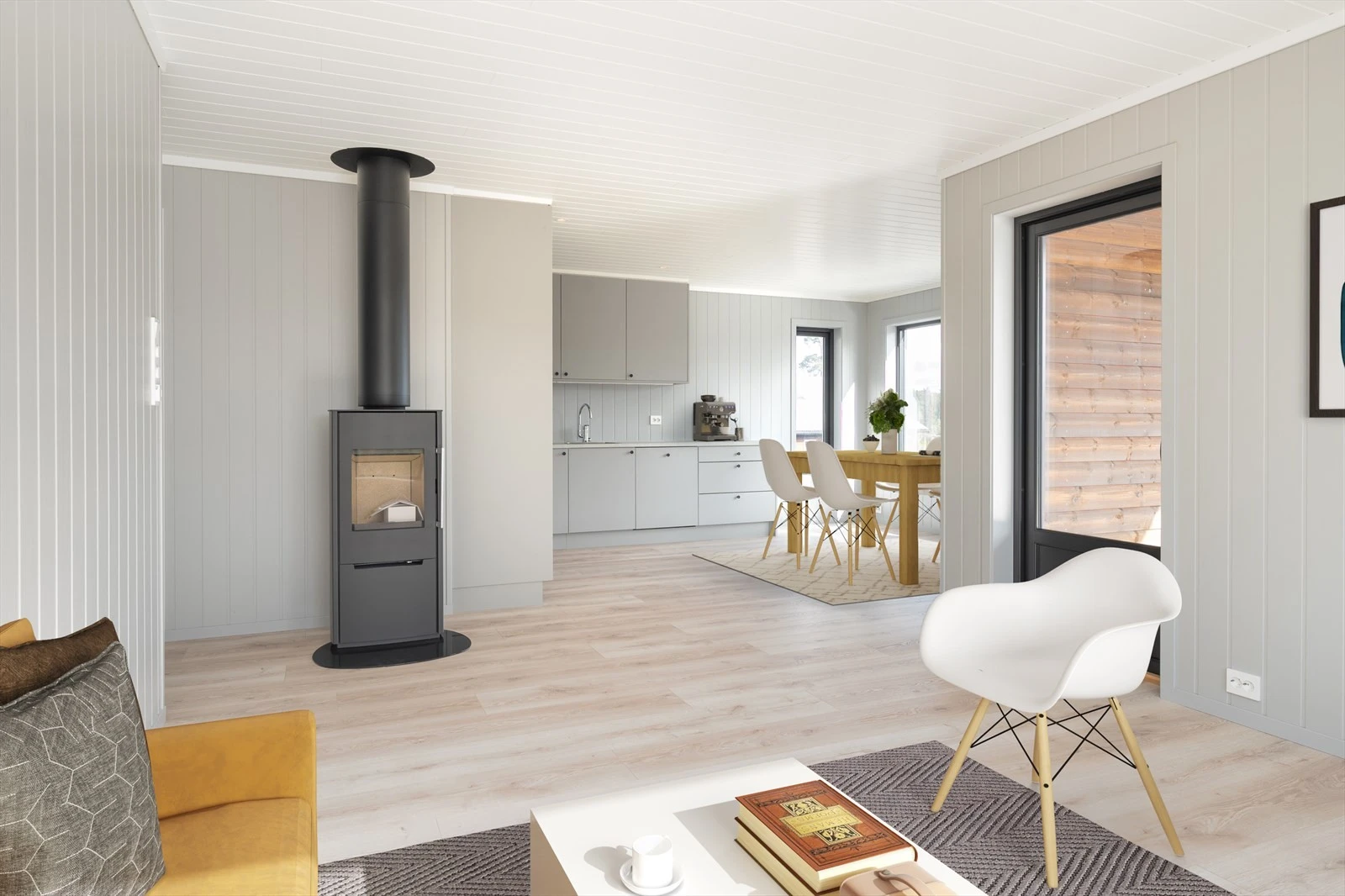 Sosialt allrom med åpen stue/ kjøkkenløsning (Digitalt stylet) Galleribilde