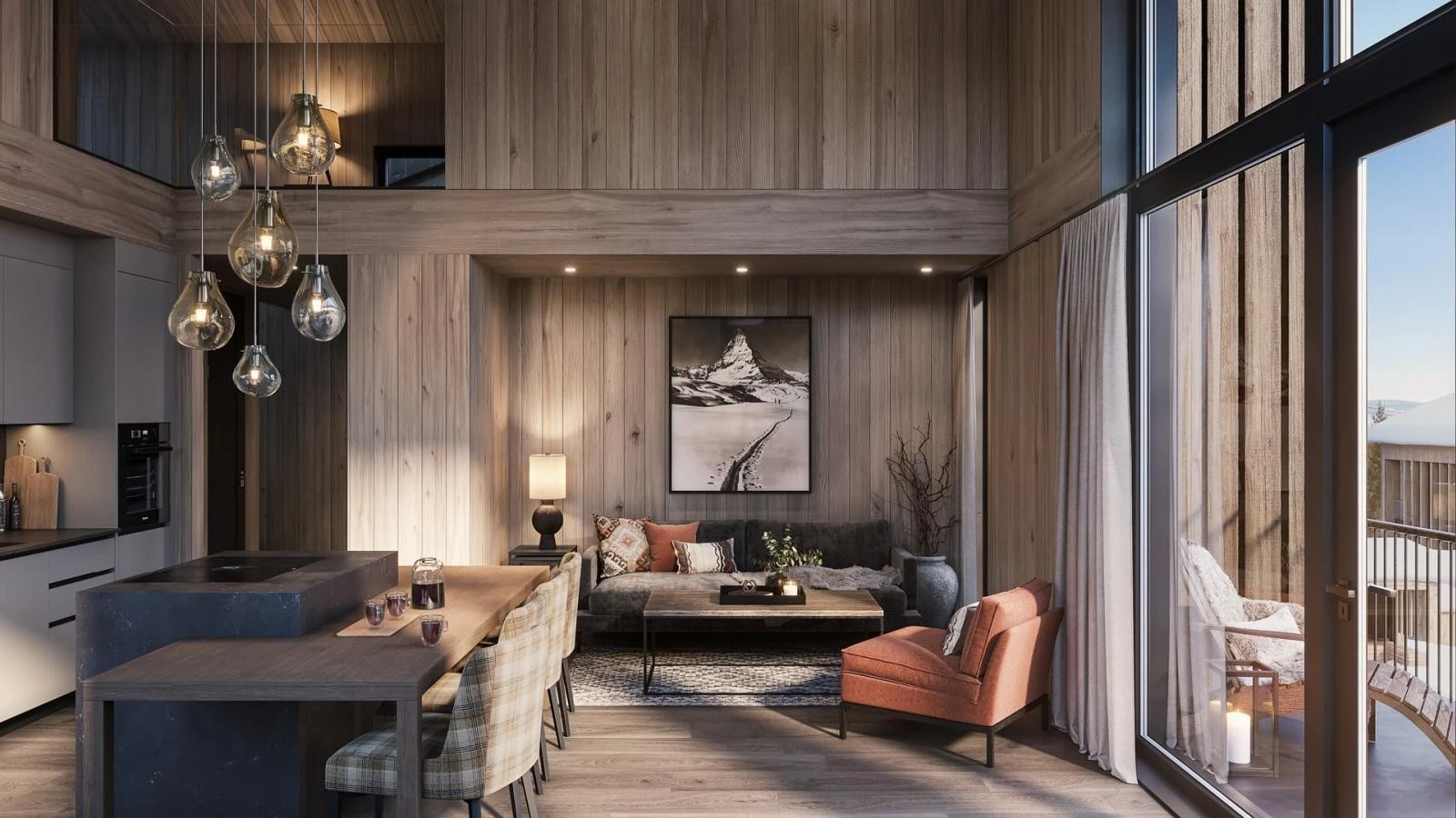 Mange av leilighetene har en fantastisk takhøyde. Illustrasjon av leil. E1. Illustrert kjøkkenøy er tilvalg. Galleribilde