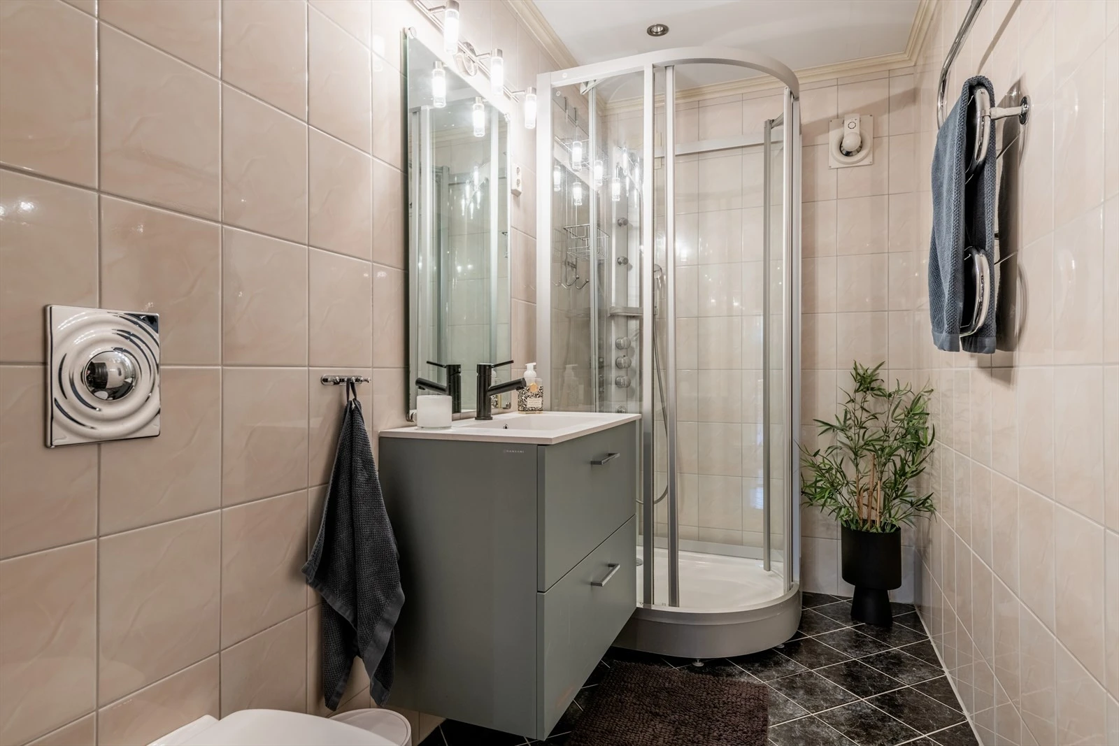 Bad med toalett, dusj og enkel servant i underetasjen. Galleribilde