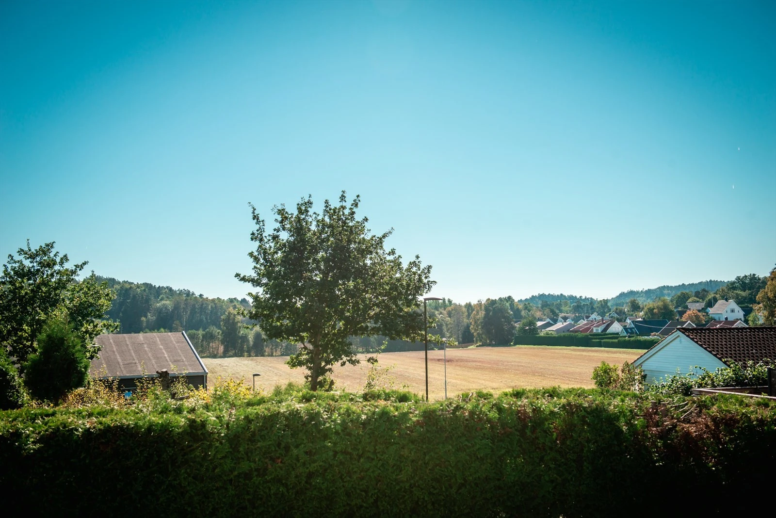 Utsyn over nærområdet. Langs jordet på høyre side går skolestien til Brunla U.skole. Galleribilde