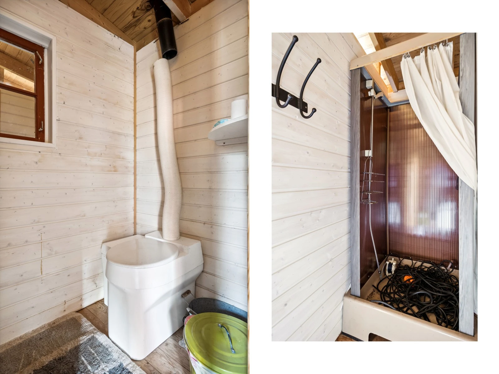 Praktisk mulltoalett samt enkel dusjløsning med forheng. Galleribilde