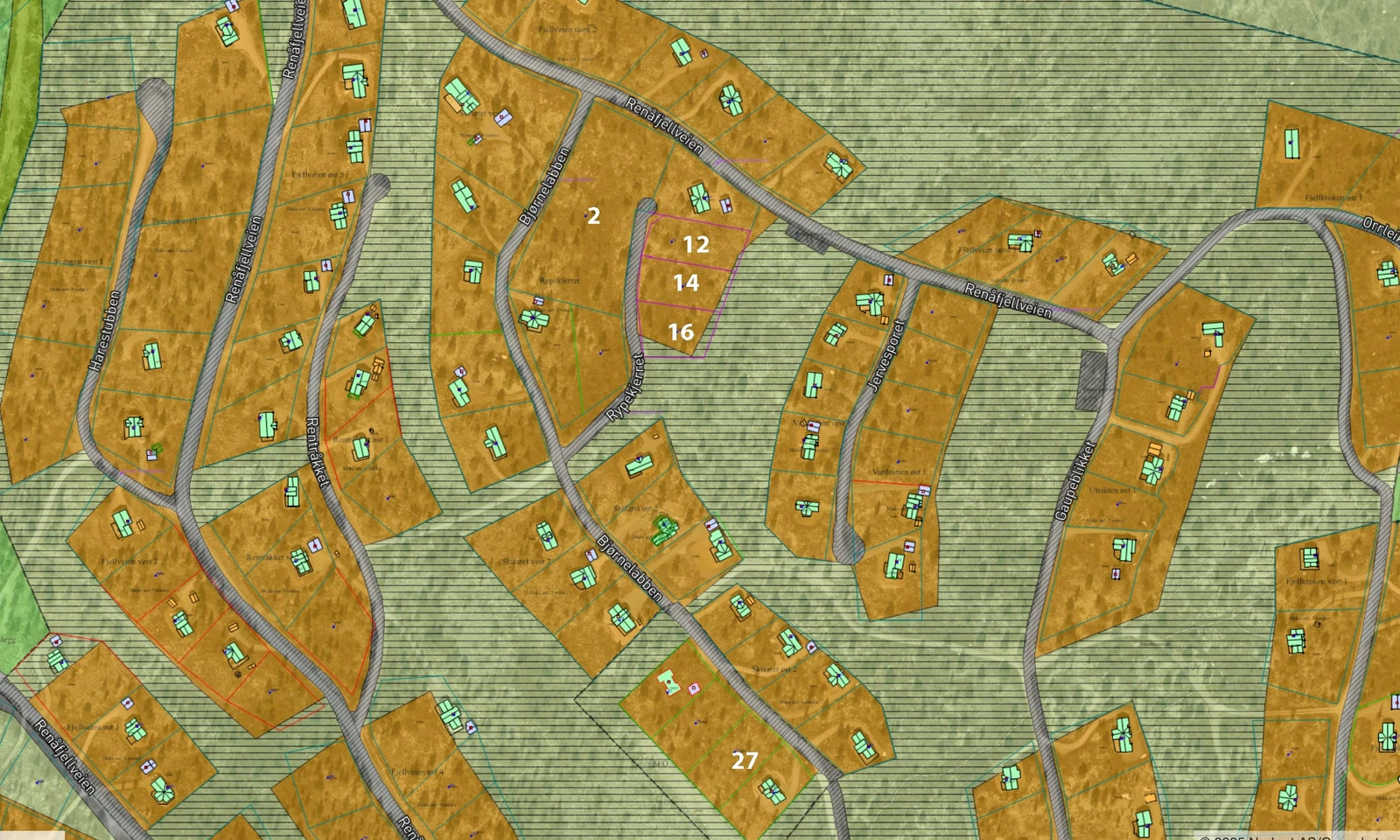 En av Renåfjellets største tomter, Bjørnelabben 2 er på hele 8,833 m² De andre fire markert i kart er rett under 2000 kvm. Galleribilde
