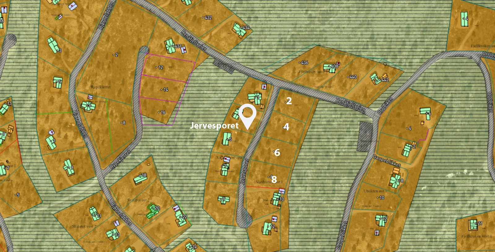 Tomtene i Jervesporet ligger øst for og parallellt med Bjørnelabben 12, 14 og 16 Galleribilde