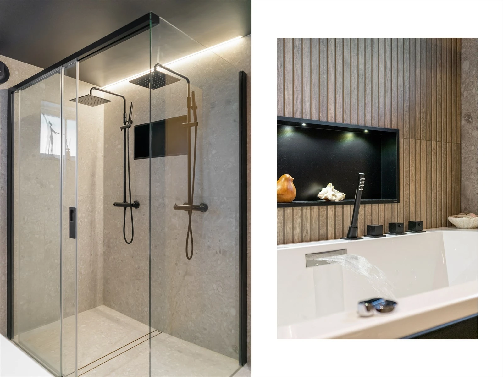 Badet er flislagt og har flotte detaljer som fliser med uttrykk som spiler Galleribilde