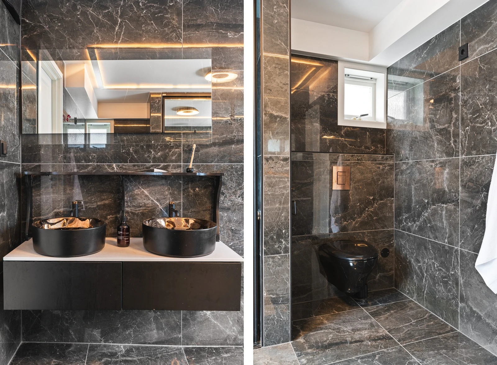 Badet har dusj med glassvegg, vegghengt toalett, baderomsinnredning og opplegg for vaskemaskin. Det er også tilrettelagt for badekar. Galleribilde