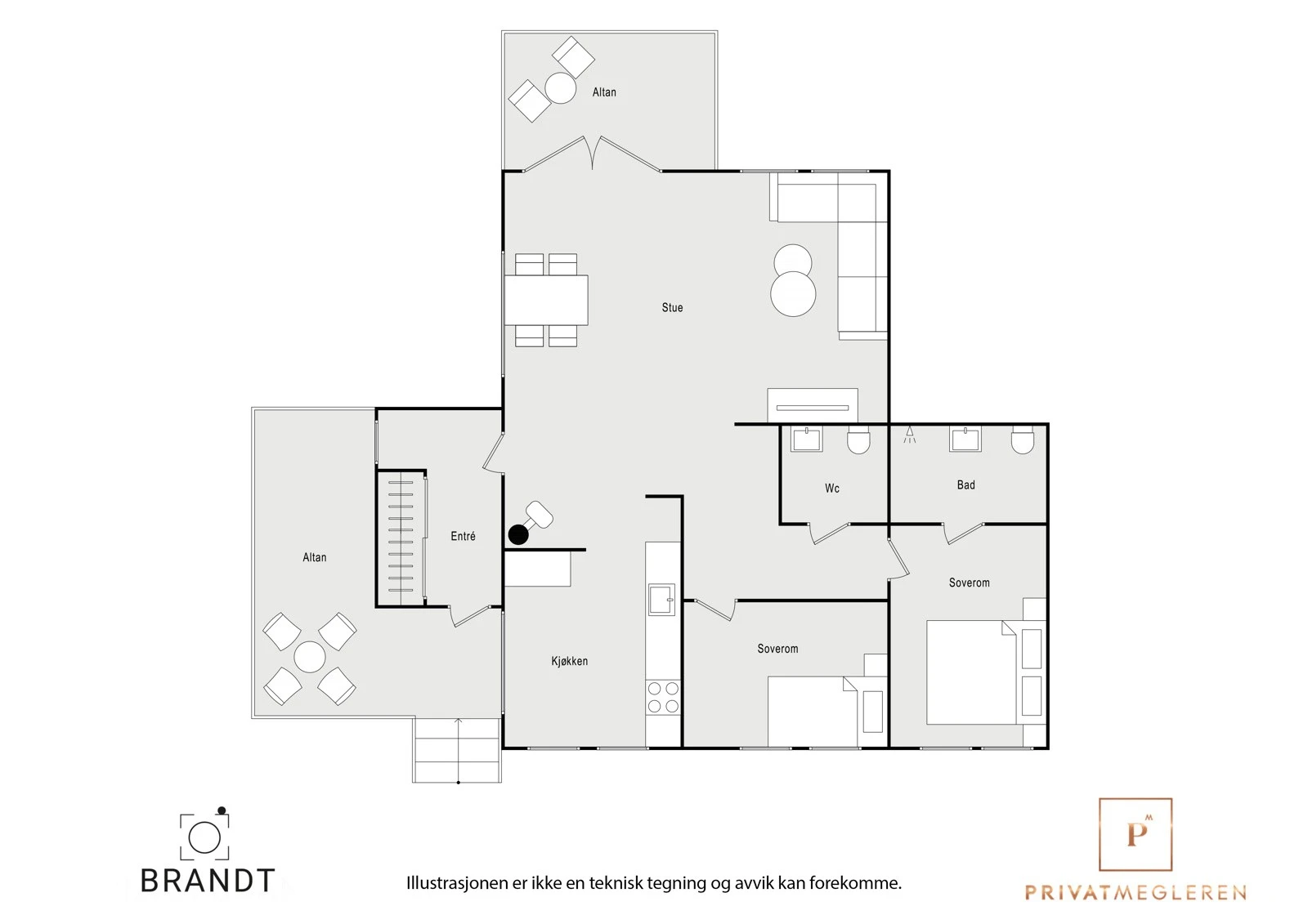 Leiligheten består av vindfang, bad, toalett, gang, kjøkken, to soverom og stue. Galleribilde