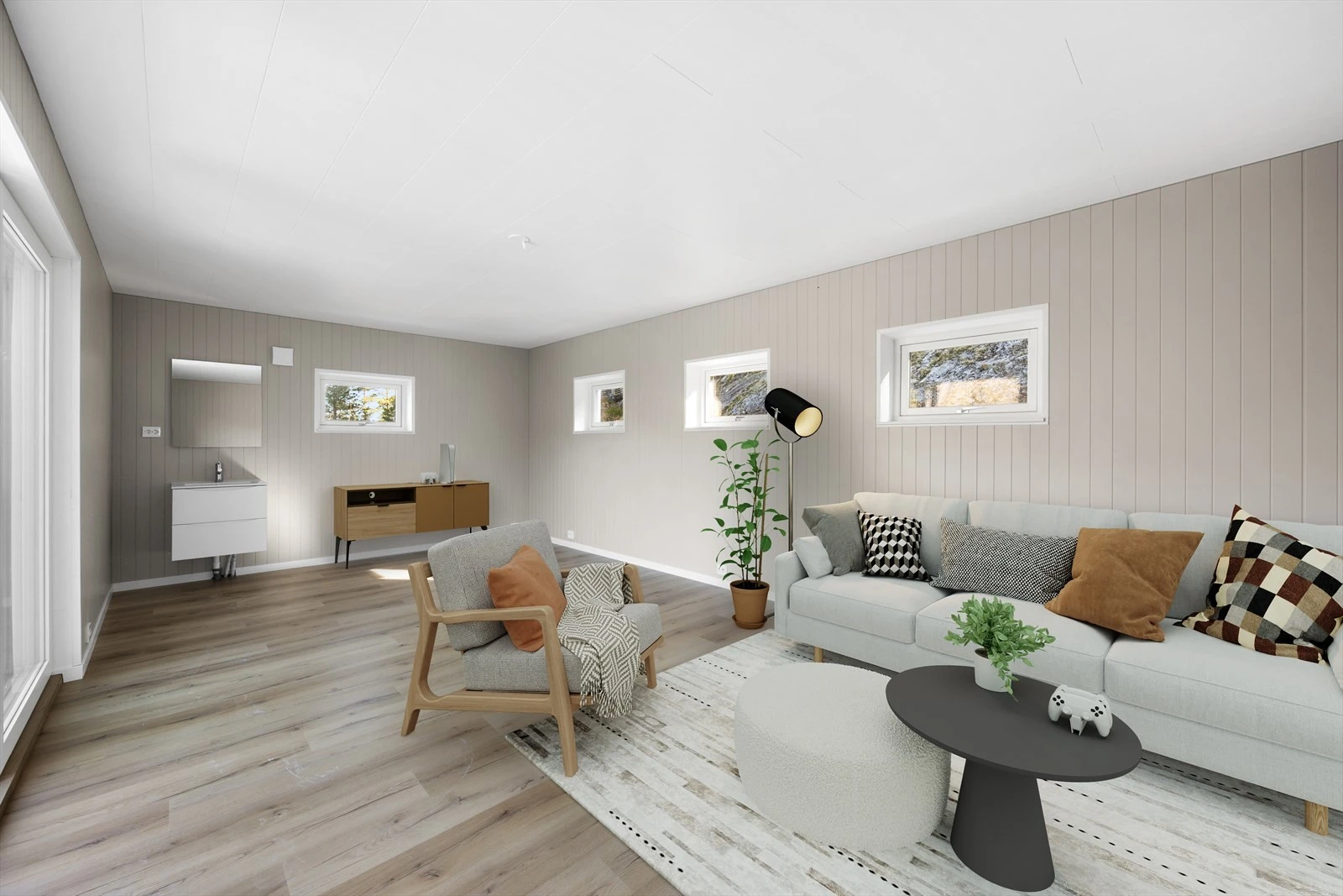 Rommet kan enkelt innredes som en ekstra stue, gjesteavdeling eller hobbyrom. Bildet er digitalt illustrert. Galleribilde