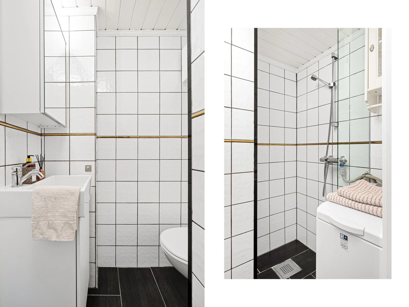 - Badet er flislagt med enkel standard og har behov for oppussing/renovering | Praktisk opplegg for vaskemaskin på eget bad - Galleribilde