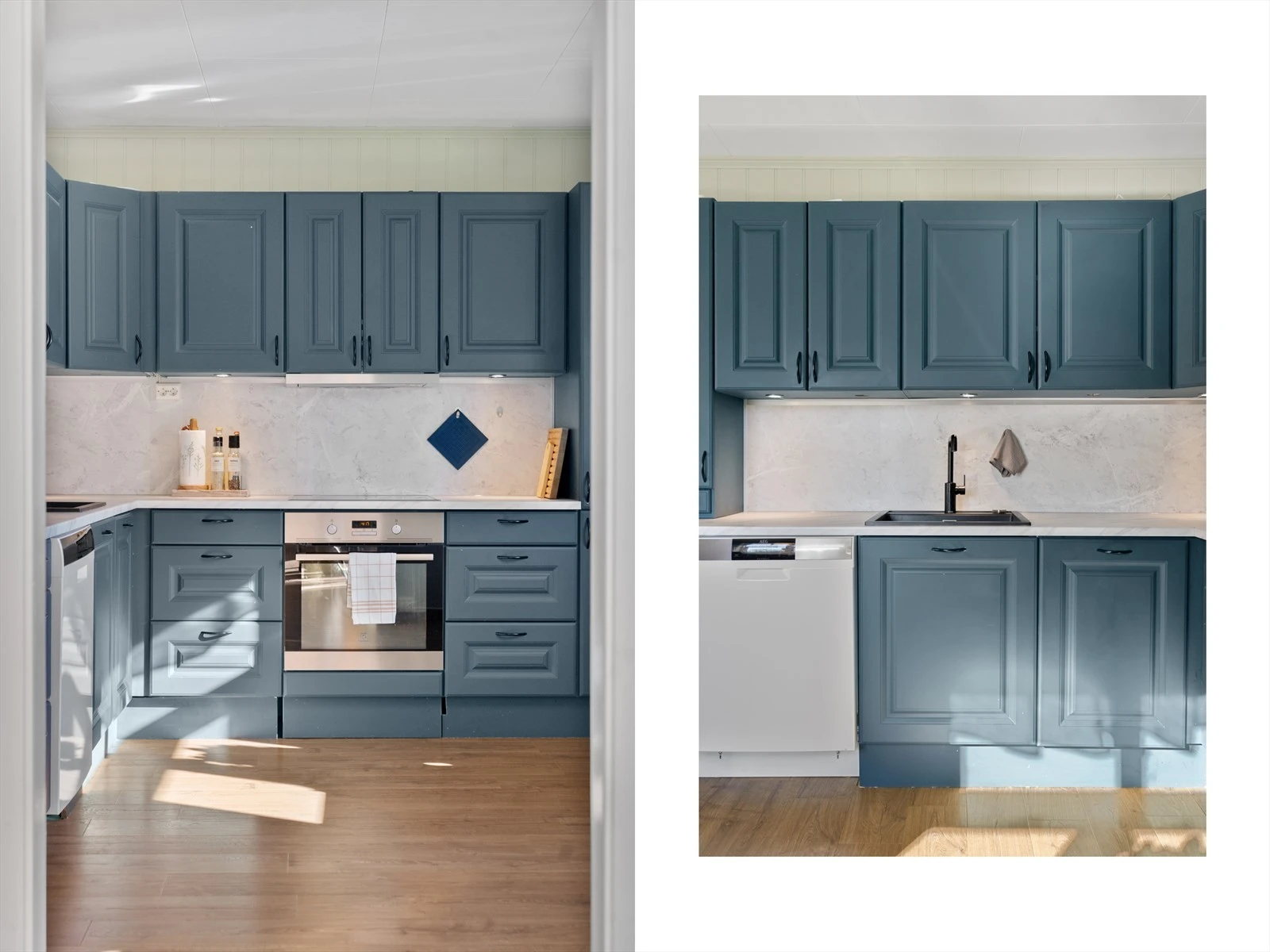 Velutstyrt kjøkken med praktisk kjøkkenløsning, helhetlige detaljer og gode arbeidsflater Galleribilde