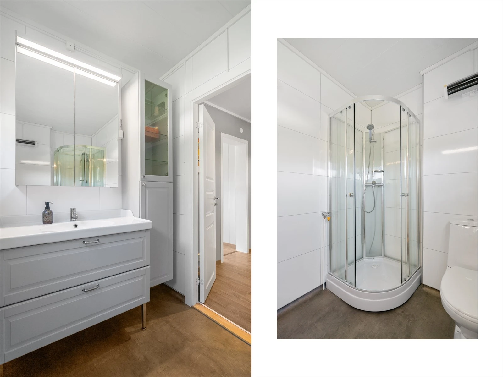 Badet har flislagte vegger med moderne uttrykk og har både dusj, toalett og plass til det nødvendige Galleribilde