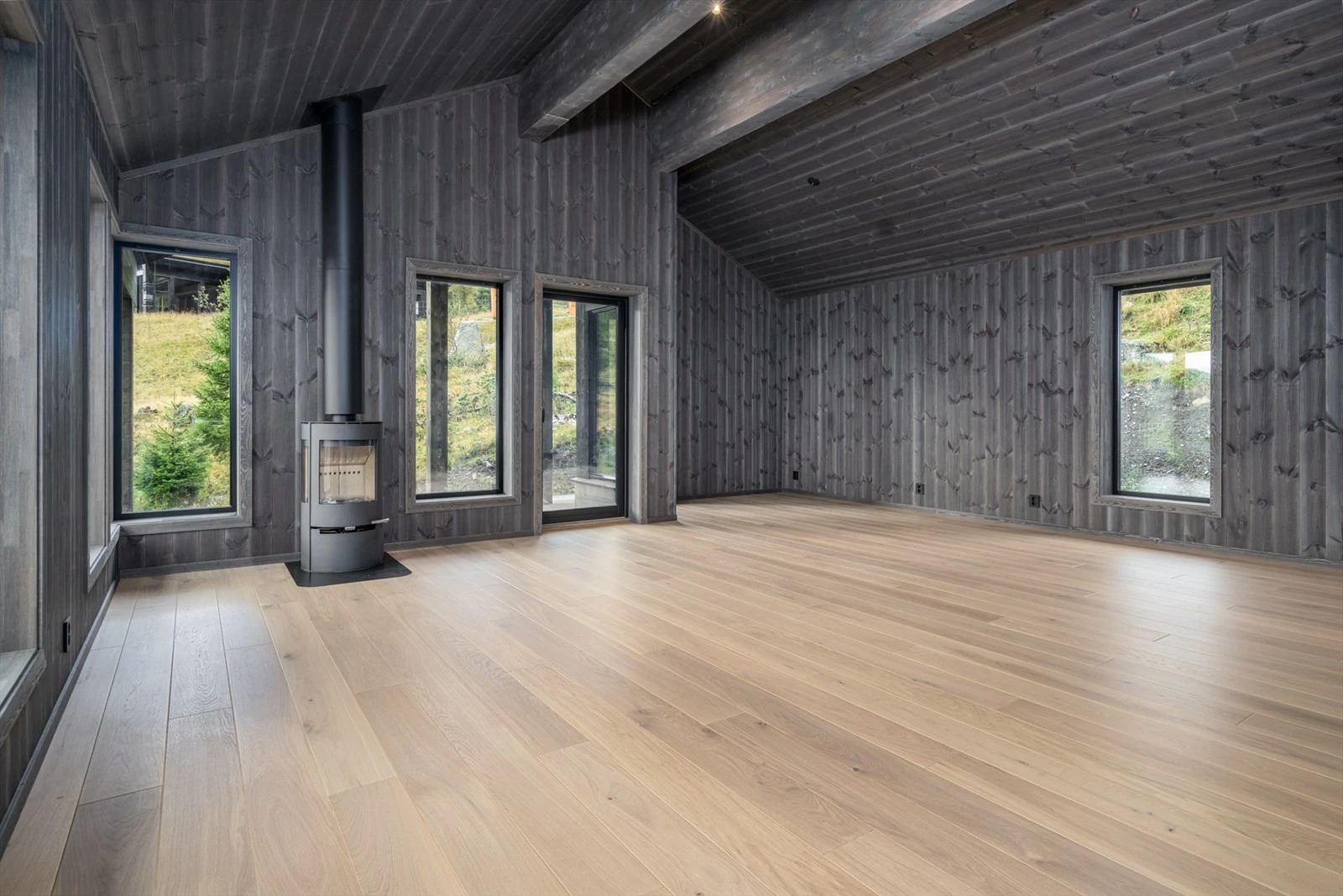 Romslig åpen stue med høyt under taket og høye vinduer Galleribilde