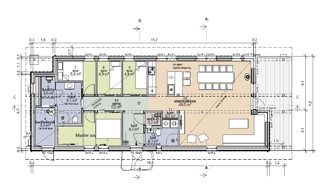 Plantegning. God planløsning med 4 sov, 2 bad, badstue og stort allrom med stue og kjøkken i åpen løsning Galleribilde