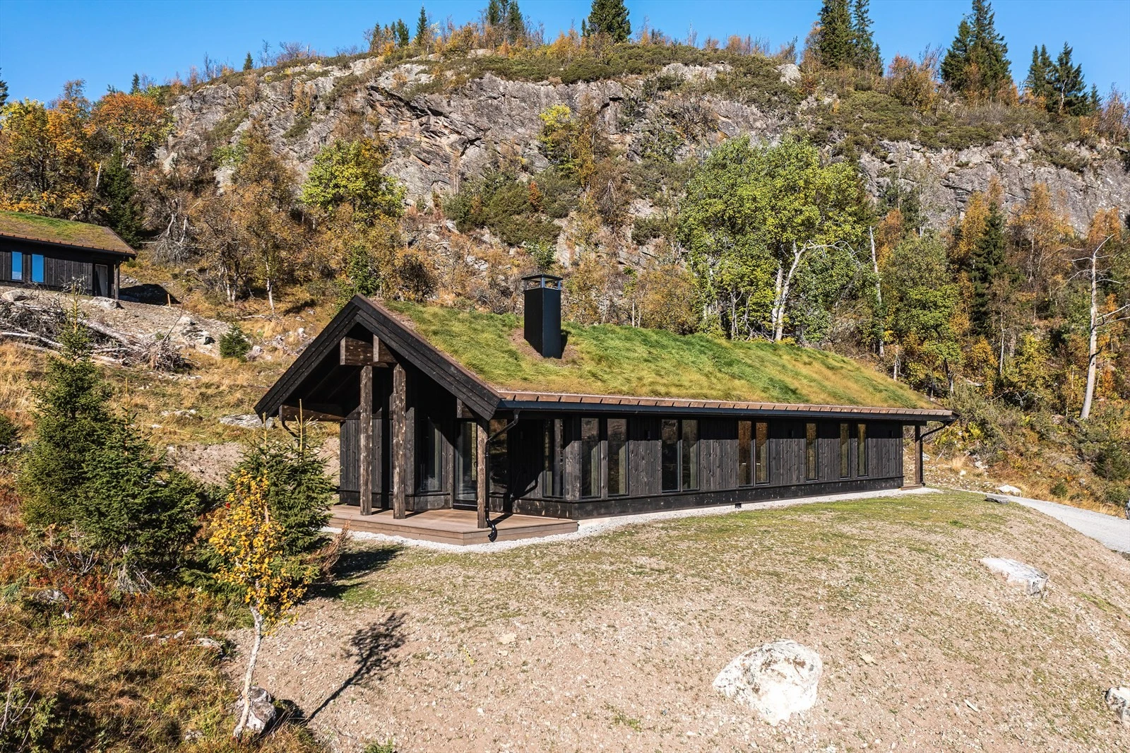 Fasade, uteområder er tilsådd foran hytta Galleribilde